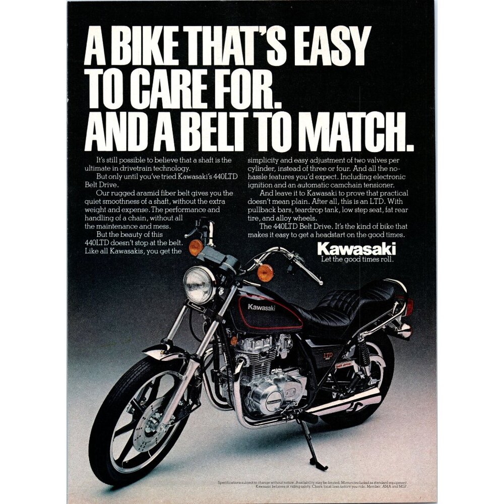 1981 Kawasaki 440LTD Belt Drive Cruiser Motorcycle Vintage Print Ad Wall Art 80s